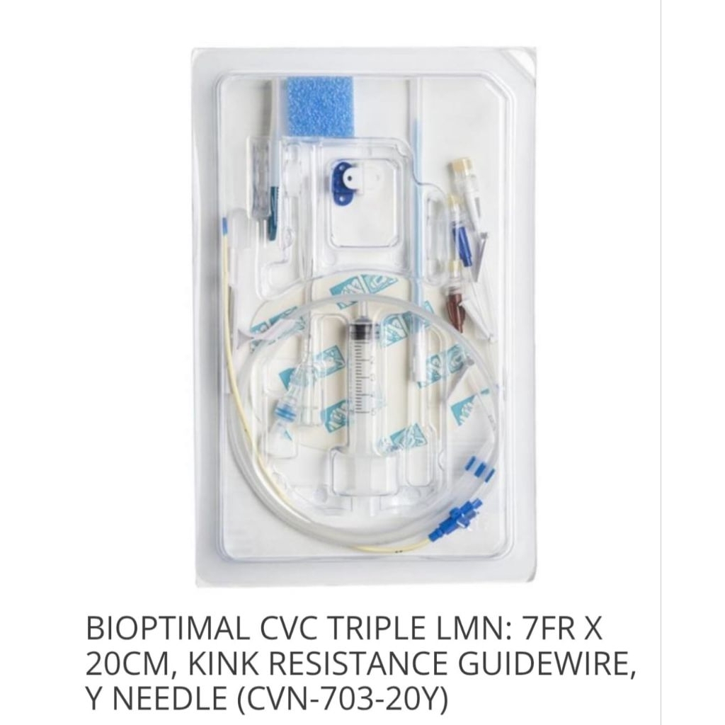 BIOPTIMAL CVC Triple Lumen 7Fr x 20cm Kink Resistance Guidewire Y Needle CVN-703-20Y