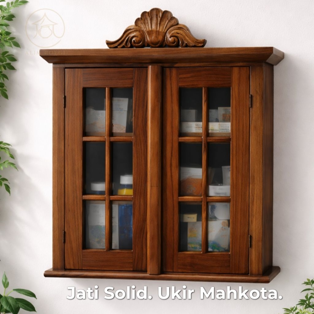 Kotak P3K Kayu Jati Solid Ukir Mahkota Mewah - Lemari Obat Dinding Minimalis Alim Roegi Bojonegoro (