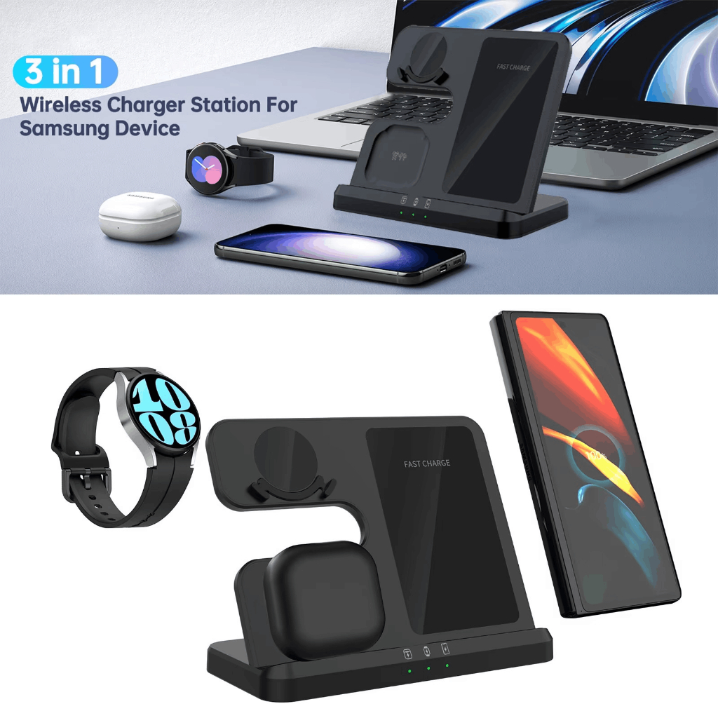 ELAVO 3 in 1 Wireless Charger cocok untuk Charger Hp Samsung S24 S25 Ultra Note S20 Galaxy Watch Act
