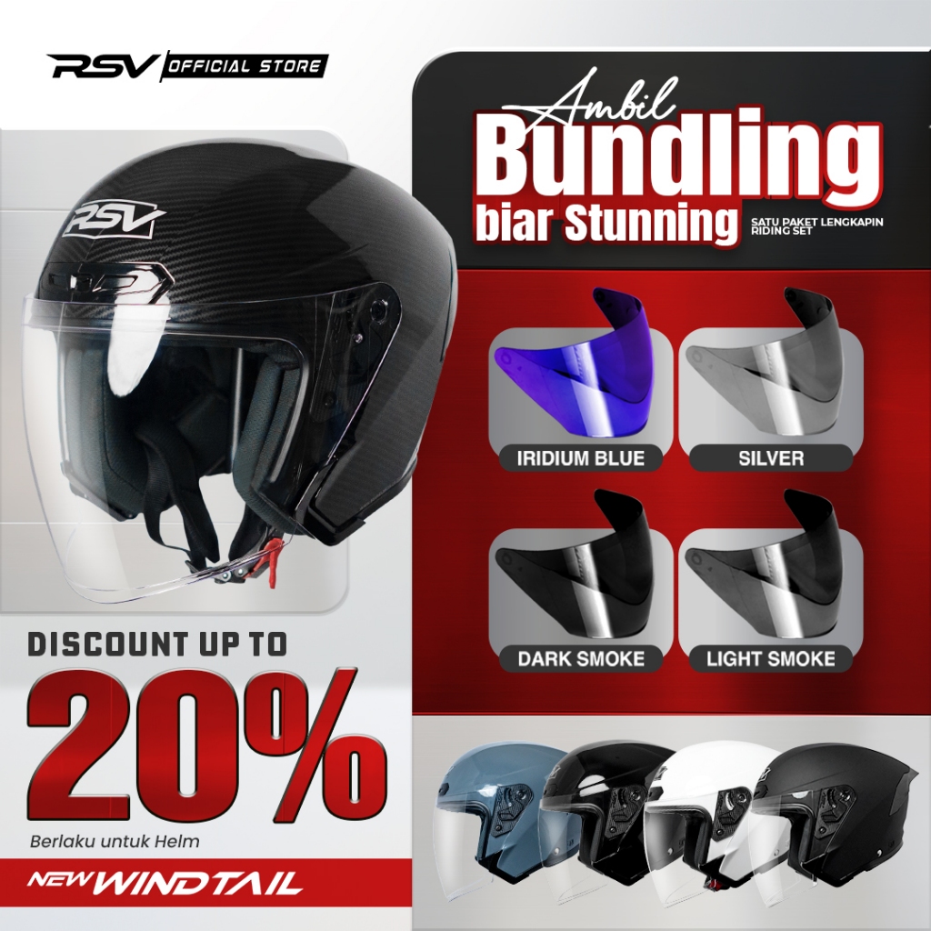 (Bundle) Helm RSV New Windtail Series + Extra Visor Warna (Smoke/Iridium) – Half Face Unisex RSV