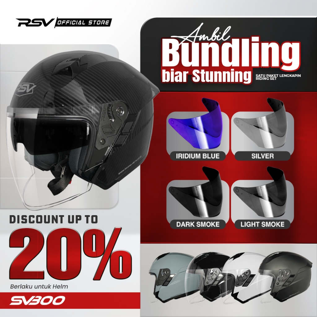 (Bundle) Helm RSV SV300 Series + Extra Visor Warna (Smoke/Iridium) – Half Face Unisex RSV Helmets