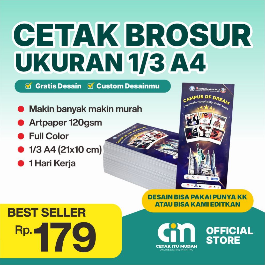 CETAK Brosur 1/3 A4 Custom Flyer 1/3 A4 Brosur GRATIS DESAIN 1 Sisi / 2 Sisi