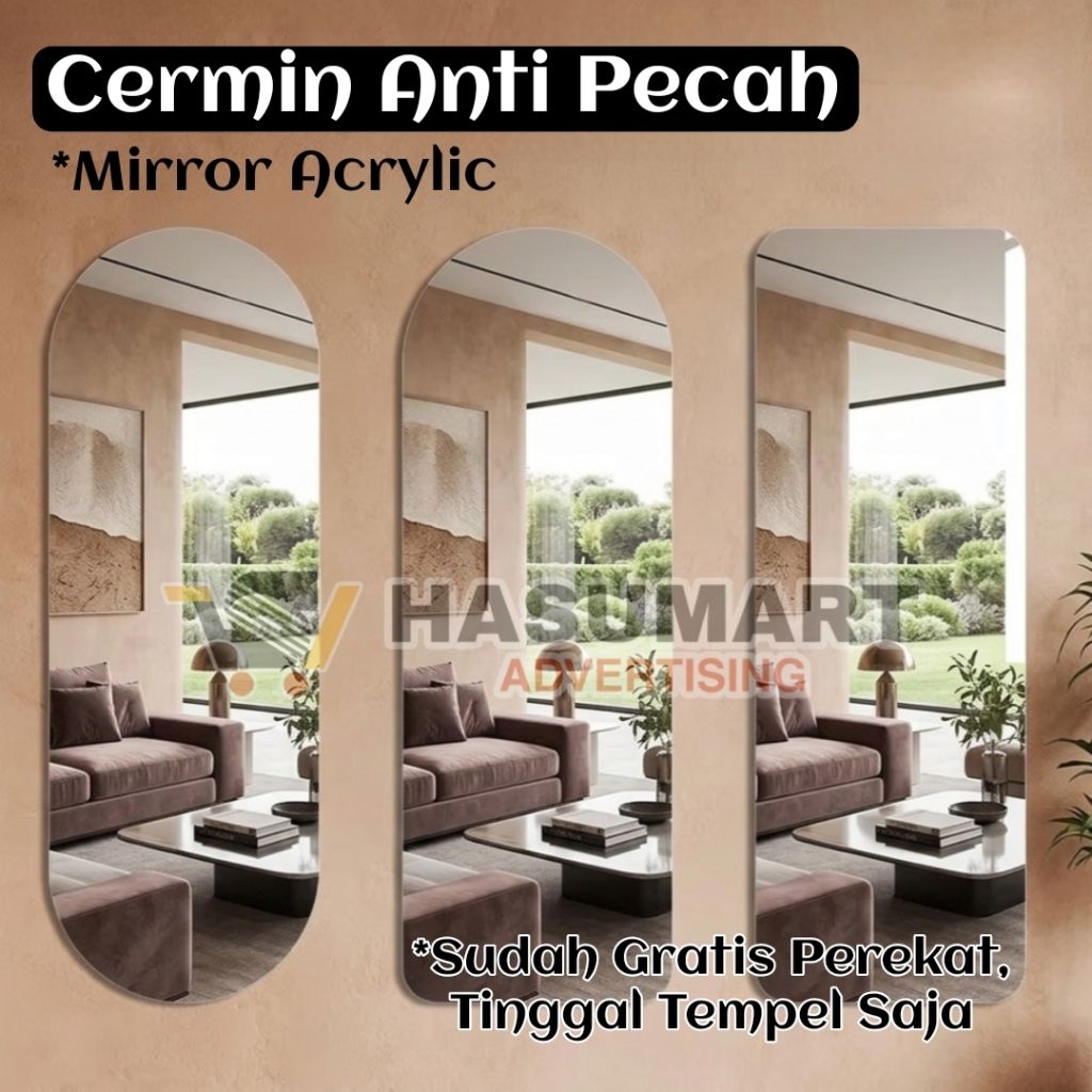 Cermin Akrilik ANTI PECAH / Cermin Dinding Tempel / Hiasan Dinding Cermin Kaca Akrilik / Cermin Oval