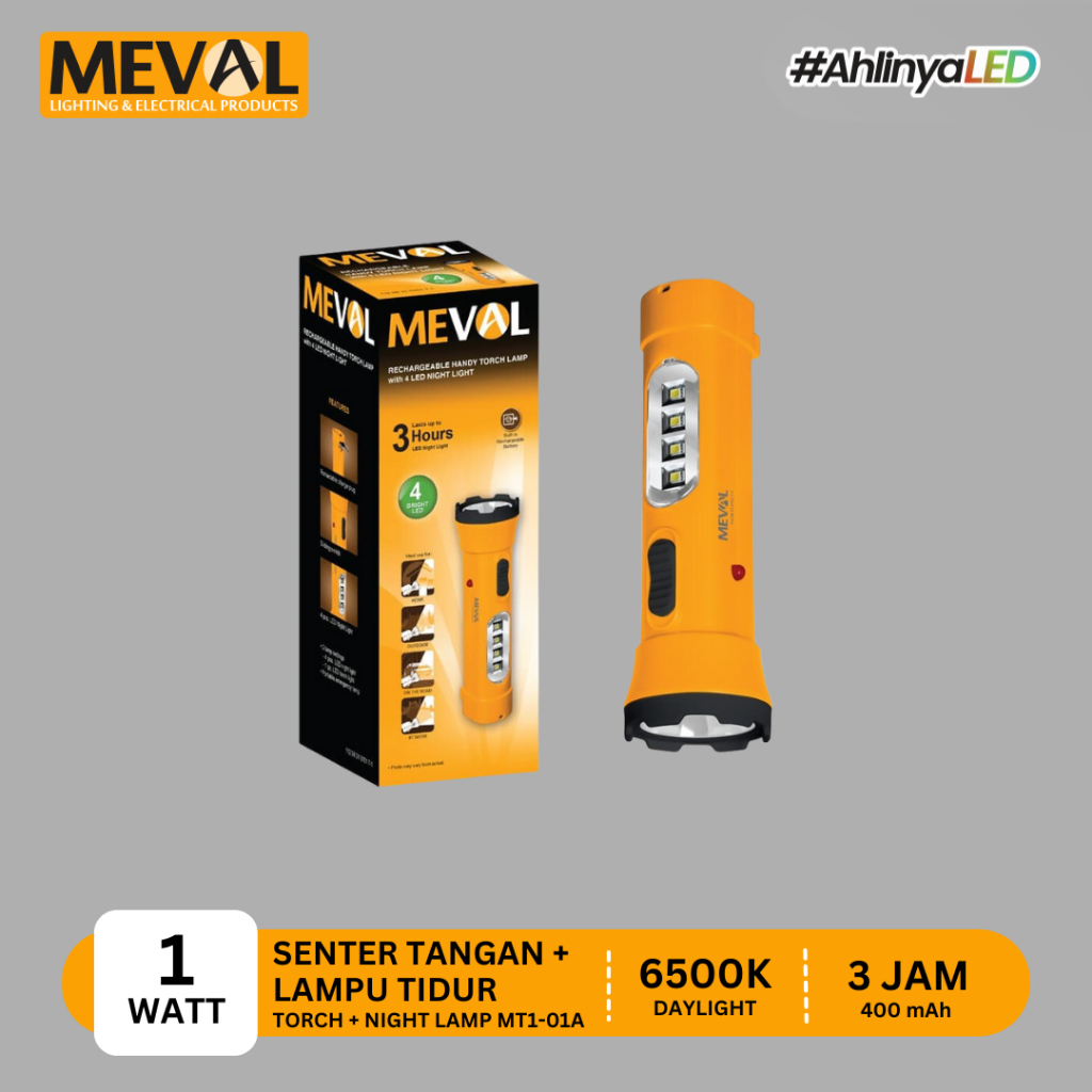 MEVAL Rechargeable Senter dengan Lampu Tidur 4 LED Putih