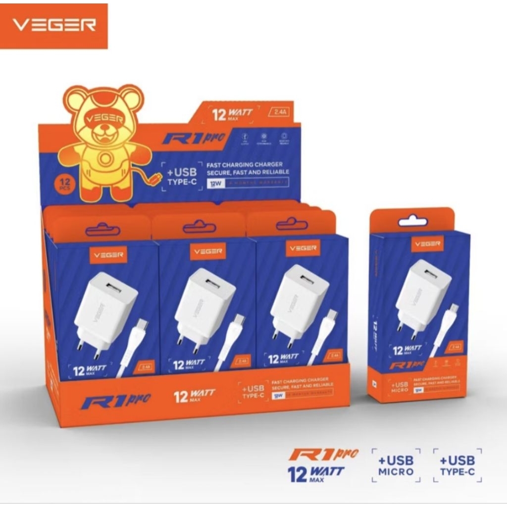 Travel Charger Veger R1 Pro / Charger Veger R1 Pro 12Watt 2.4A Kabel Micro Usb Type C
