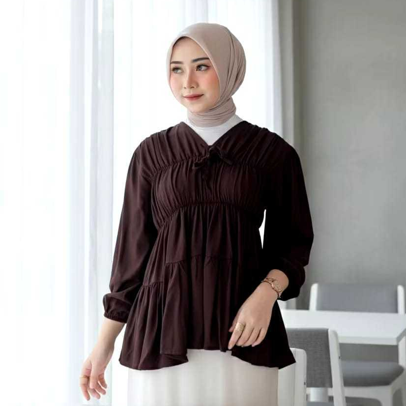 {AHN} Atasan Wanita Mireya Blouse Kerut Dada Lengan Panjang Bahan Rayon Twill Terbaru LD:80-LD:120