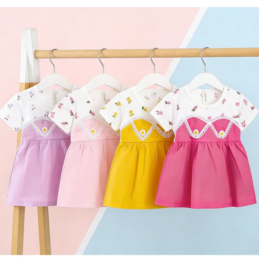 Dress Anak Perempuan Lengan Pendek Motif Bunga & Marguerite Renda Putih Korean Style - Ungu