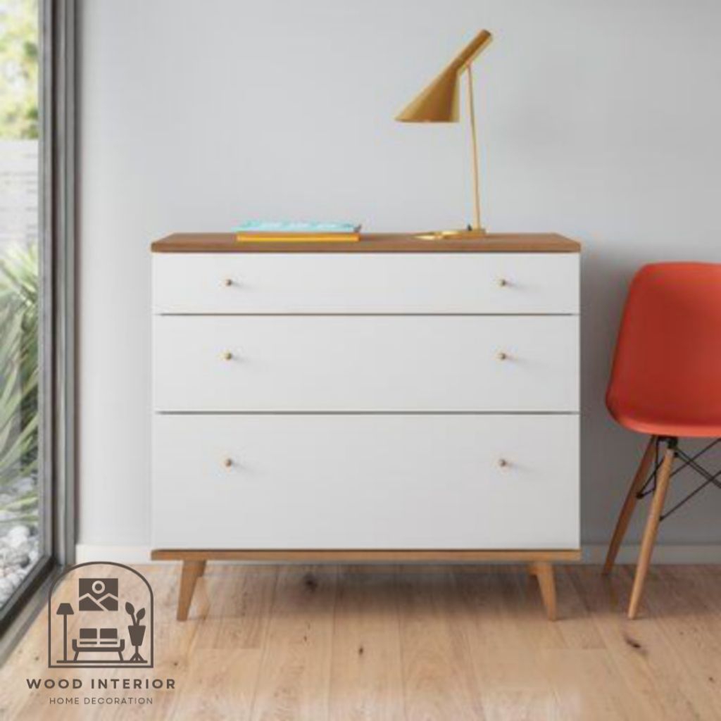Drawer pakaian nakas minimalis modern warna serat dan putih knop kayu