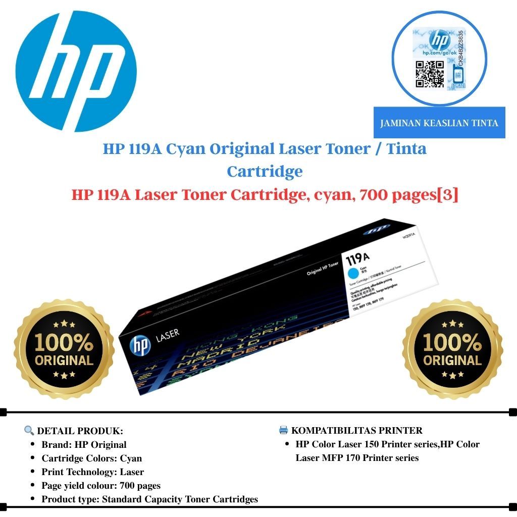 HP 119A Cyan Original Laser Toner / Tinta Cartridge - HP 119A Laser Toner Cartridge, cyan, 700 pages