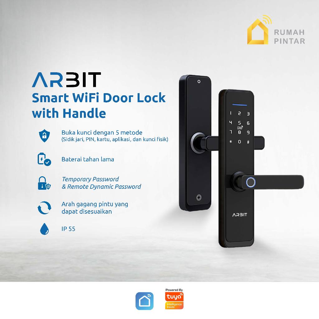 ARBIT WiFi Door Lock Reversible Handle Kunci Pintar Fingerprint PIN Kartu RFID eKTP Smart Home