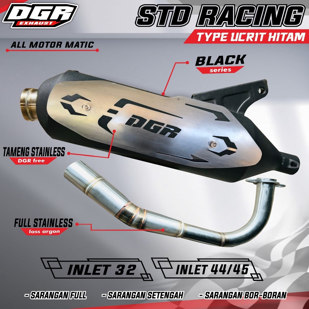 MODEL STD RACING HITAM ( TAMENG ) DGR EXHAUST INLET 32 & 44 MM KNALPOT RACING VIRAL