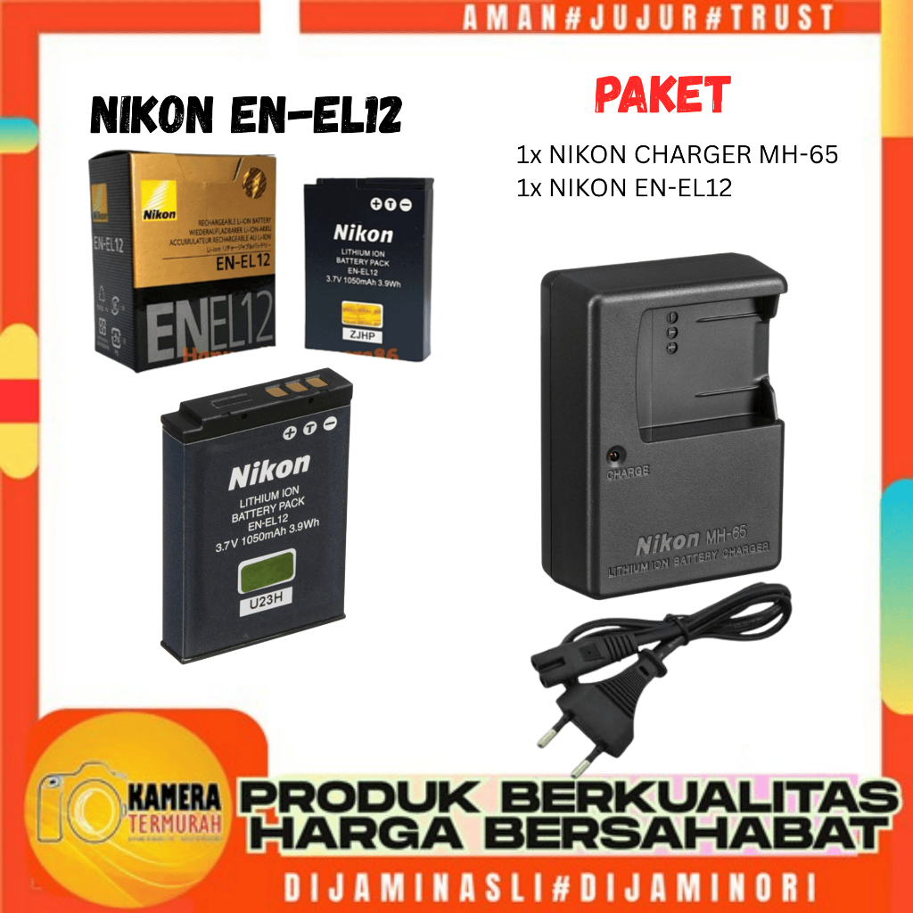 Paket Baterai + Charger EN-EL12 For Nikon Coolpix A900, AW100, AW110 AW120, AW130, W300 S9900, P340,