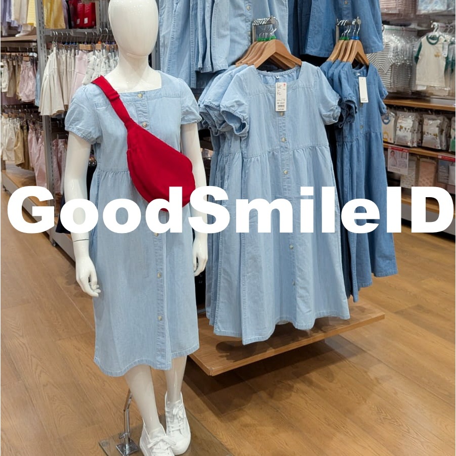 SALE GIRLS Gaun Gather Chambray Lengan Pendek Dress Anak Perempuan KIDS UNIQLO JASTIP