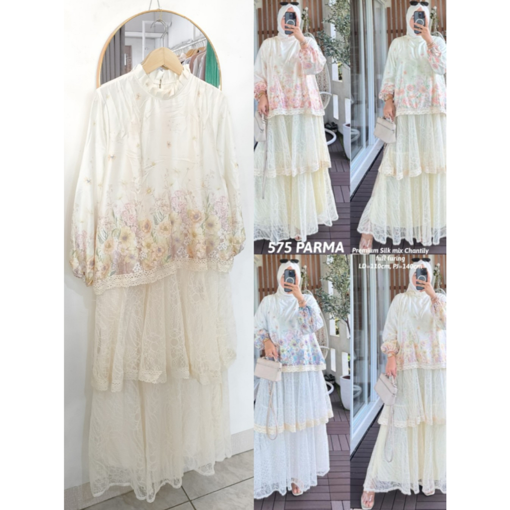 Dress gamis lace halus brokat kombinasi silk, gamis lace brokat