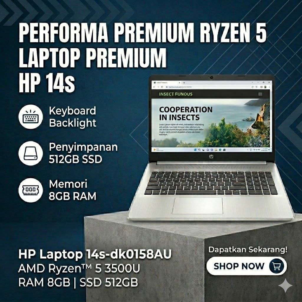 Laptop HP Laptop 14s-dk0158AU AMD Ryzen 5 3500U RAM 8GB SSD 512GB