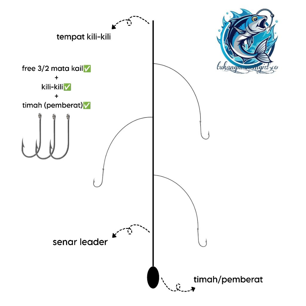 satu set rangkaian kail pancing dasar (glosoran) untuk bawal/lele/patin dll, 3 mata kail + kili-kili