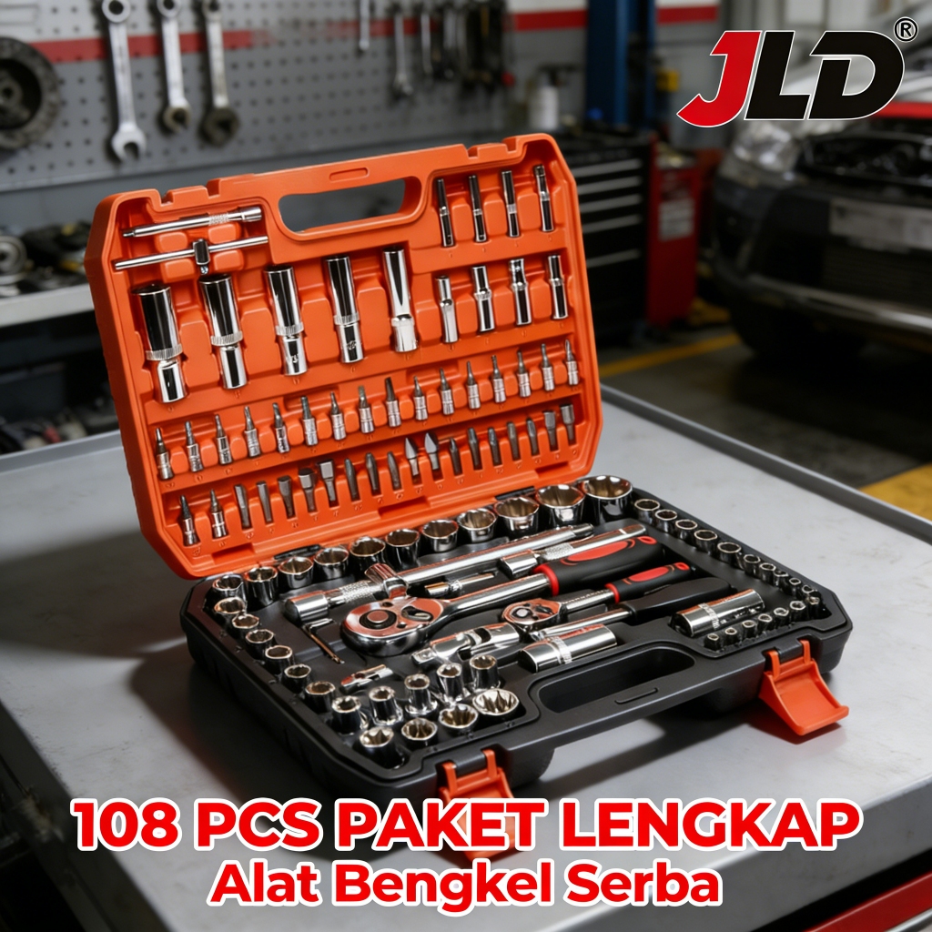 JLD Set 108 Pcs Alat Perkakas Kunci Sok Bahan CR-V Anti Karat - Alat DIY Lengkap untuk Perbaikan Mot
