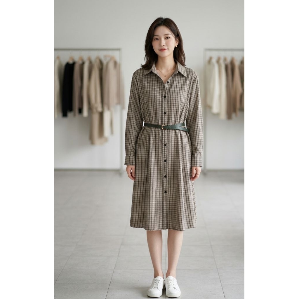 Dres wanita lengan panjang kotak kotak
