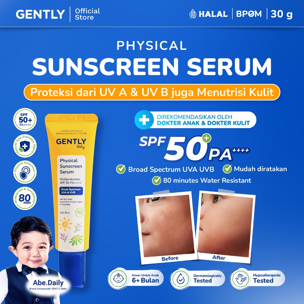 GENTLY Baby Physical Sunscreen Serum Bayi Anak 30 gr | SPF 50 PA++++ Anti-Polusi | Tahan Air & Kerin