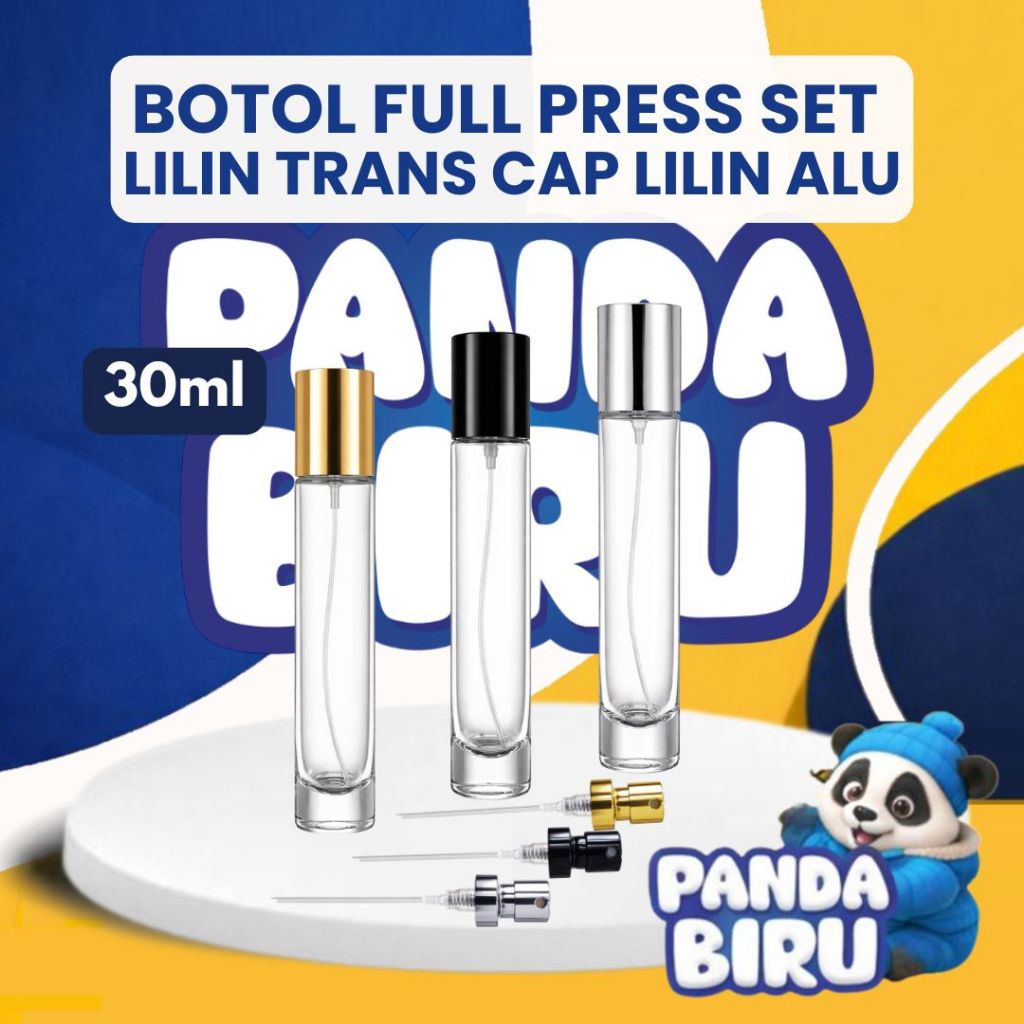 Botol Parfum Full Press Set Lilin Transparan 30ml Cap LIlin Alu - Botol Minyak Wangi - PANDA BIRU