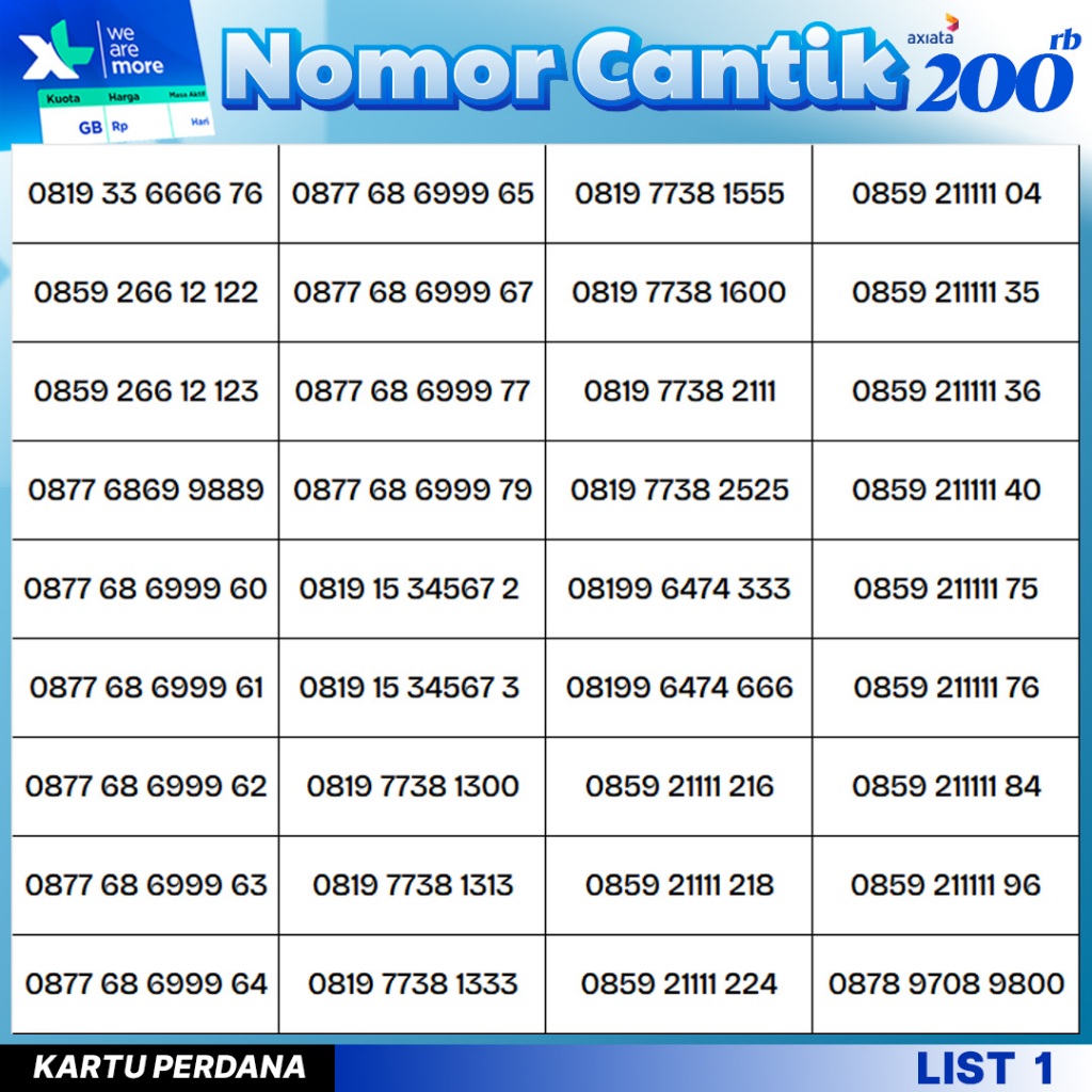 Nomor Cantik Perdana XL Murah 200.000rb.