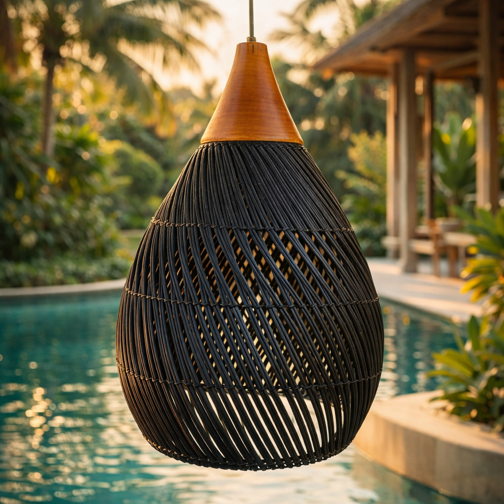 LAMPION ROTAN HITAM TOP KAYU MINIMALIS KAP LAMPU GANTUNG ESTETIK - INCLUDE PACKING KAYU