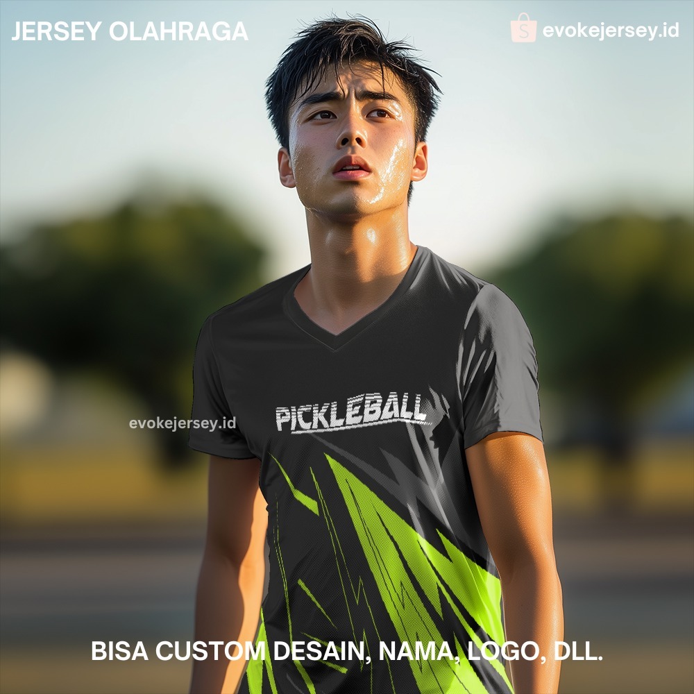 Kaos Jersey Olahraga Sport Pickleball Hitam Hijau Motif Abstrak 22