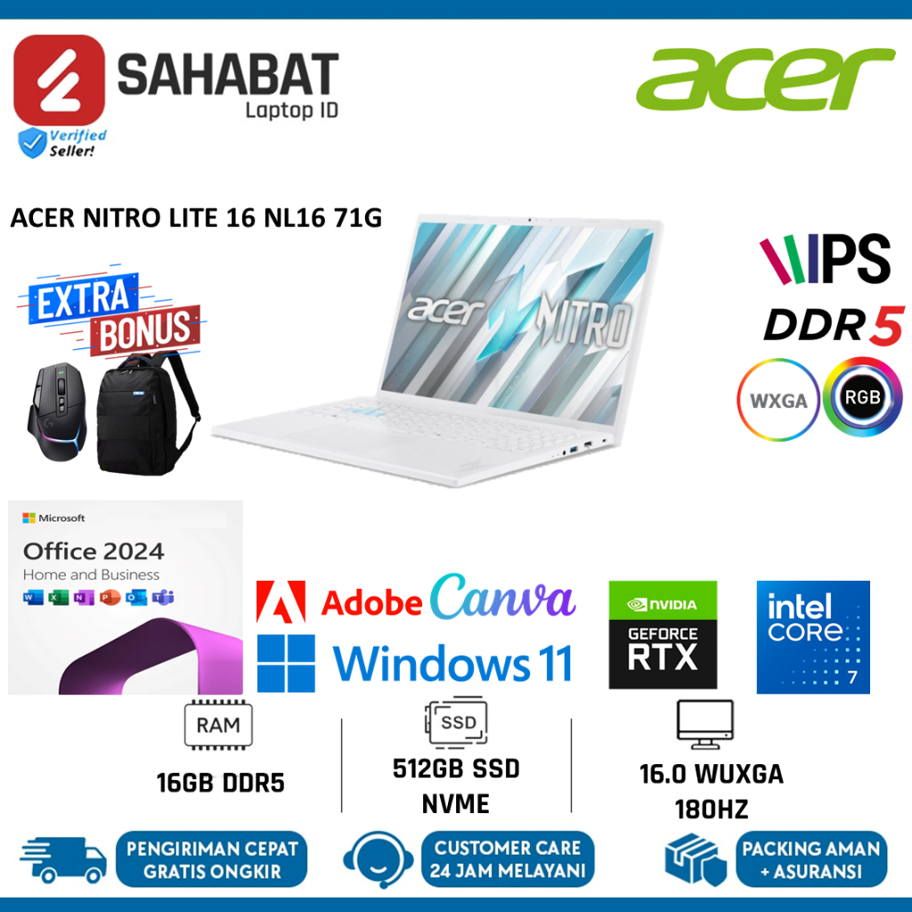 Laptop Gaming Acer Nitro Lite 16 Core 7 240H 16GB DDR5 512GB SSD RTX3050 Wuxga Win 11 Home + Office