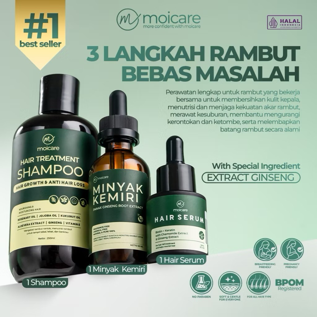 MOICARE SHAMPOO, HAIR SERUM & MINYAK KEMIRI