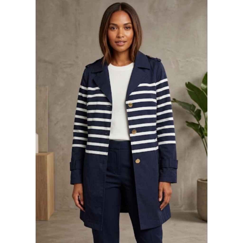 Jaket Panjang Coat Navy Garis Strip Putih
