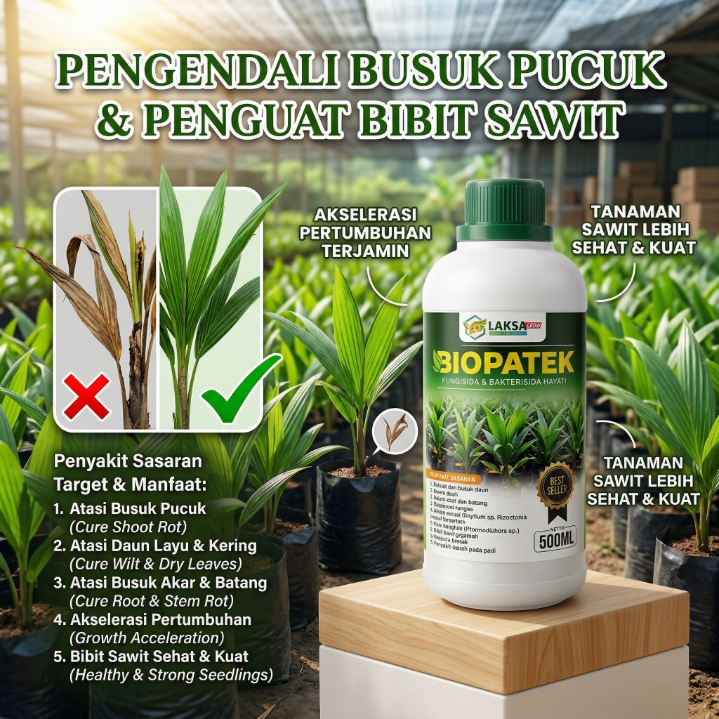 BIOPATEK Pengendali Busuk Pucuk Bibit Sawit – Obat Daun Sawit Layu, Kering & Busuk | Fungisida Bakte