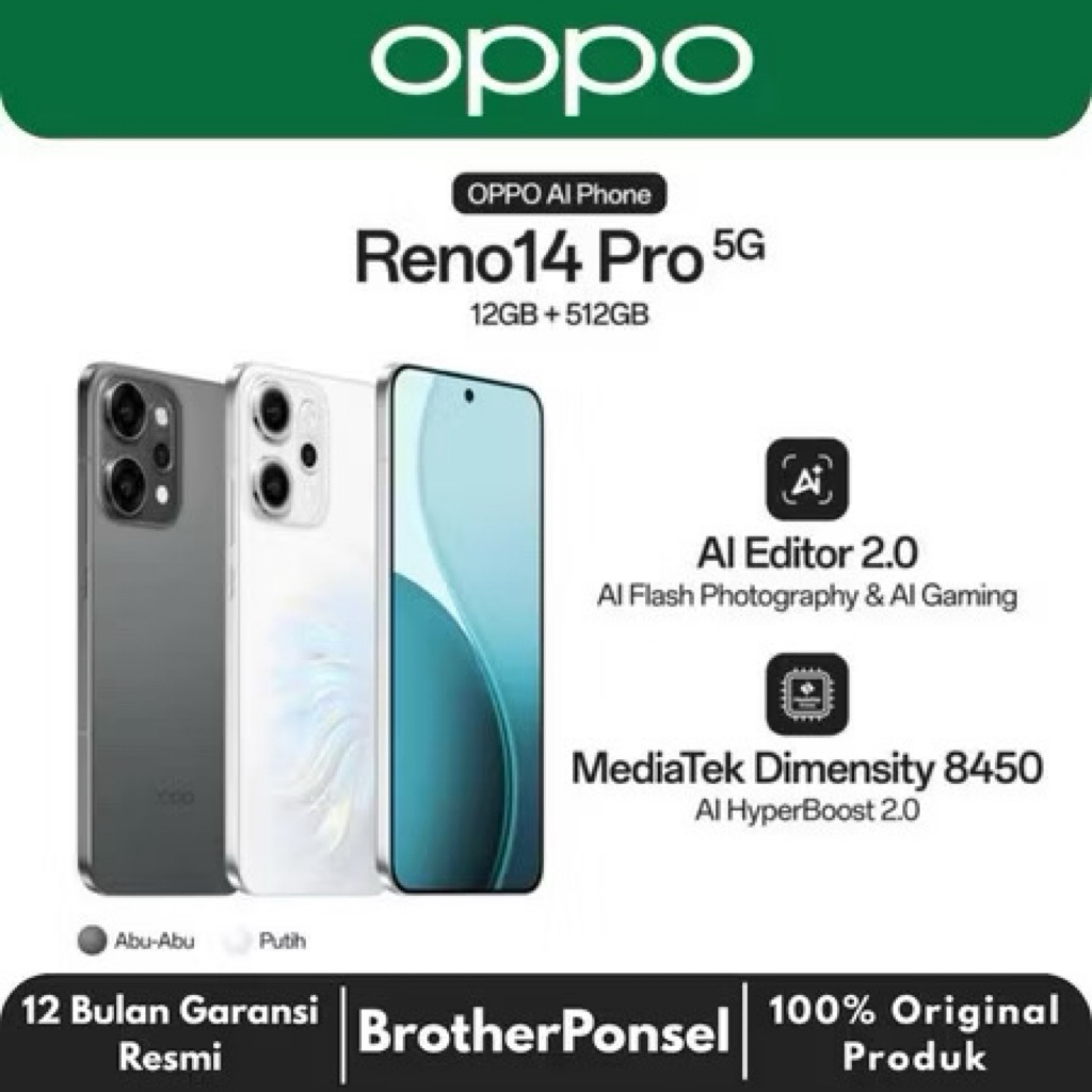 OPPO Reno 14 Pro 5G 12GB 512GB Baru 5G Fast Charging Garansi Resmi