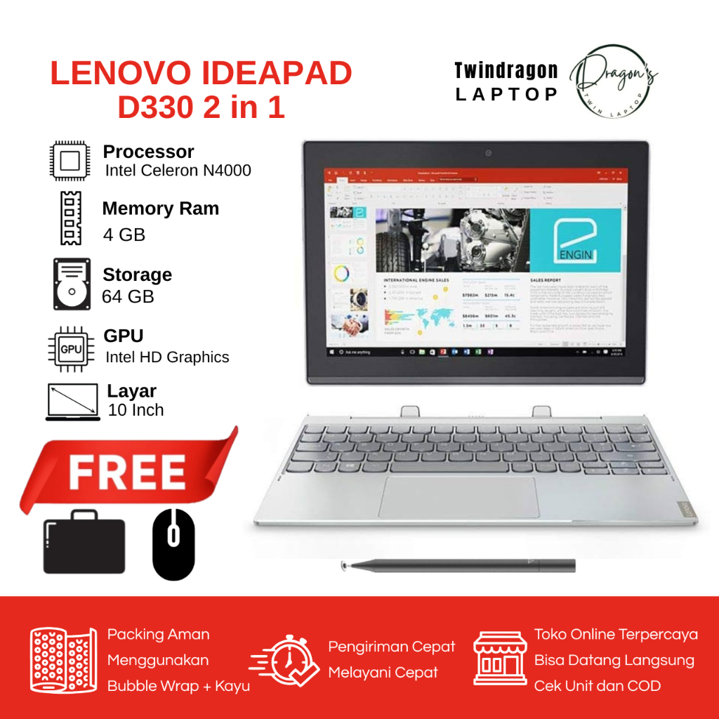 Laptop Lenovo Ideapad D330 2in1 Celleron N4000 Series Ram 4/64GB | Laptop Murah/ Second/ Mulus Berga
