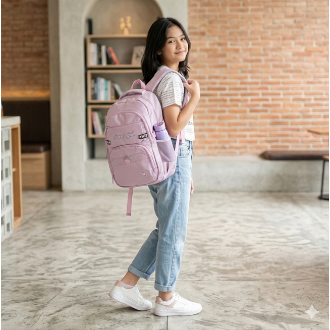 Tas Ransel Sekolah Perempuan Silver Girls 16 inch Backpack Laptop Cewek Casual