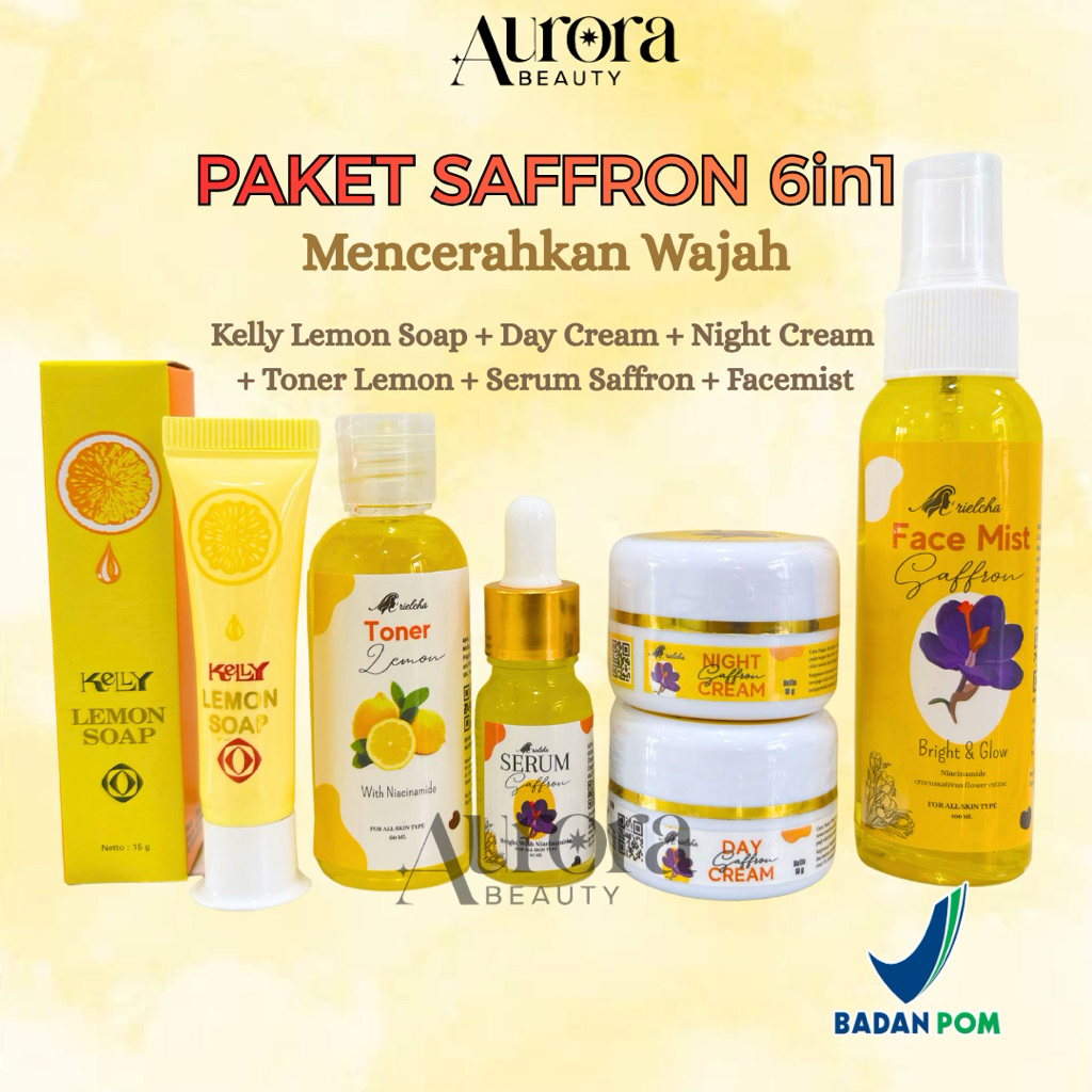 Paket Saffron 6in1 Day Cream + Night Cream + Kelly Lemon Soap + Facemist + Serum Saffron + Toner Lem
