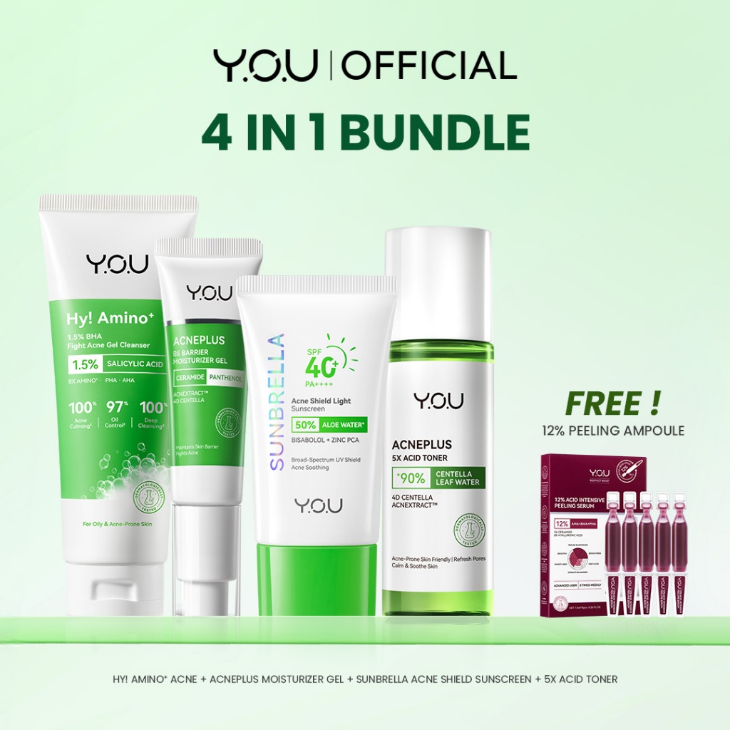 YOU Acneplus 4in1 Bundle Exfoliating Toner, Acne Spot, Serum, Hy Amino+ 1.5% BHA Fight Acne Gel Clea