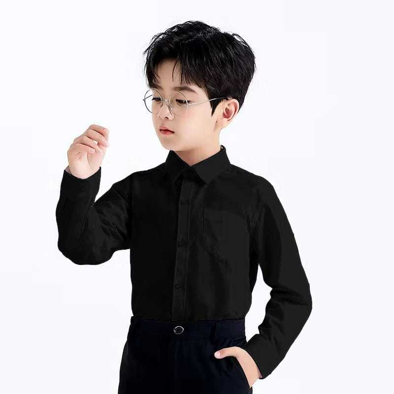 Kemeja Hitam Katun Polos Anak Laki Laki Lengan Panjang