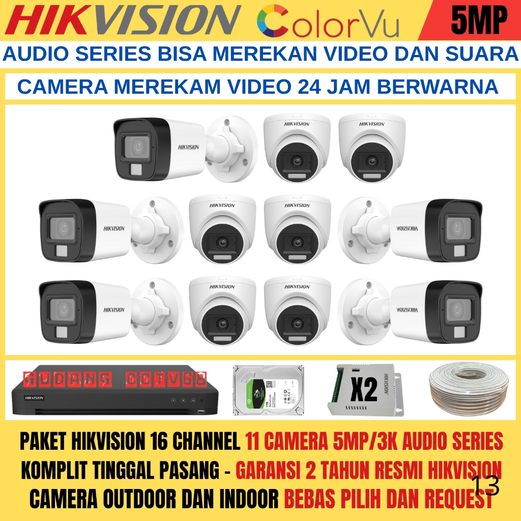 Paket CCTV HIKVISION 16 Channel 11 Camera HIKVISION 5MP Colorvu 3K Full Colour AUDIO SERIES Komplit