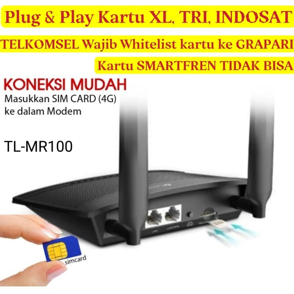 Router TPLink TL-MR100 300Mbps 4G Wireless N Router Colok 4G simcard