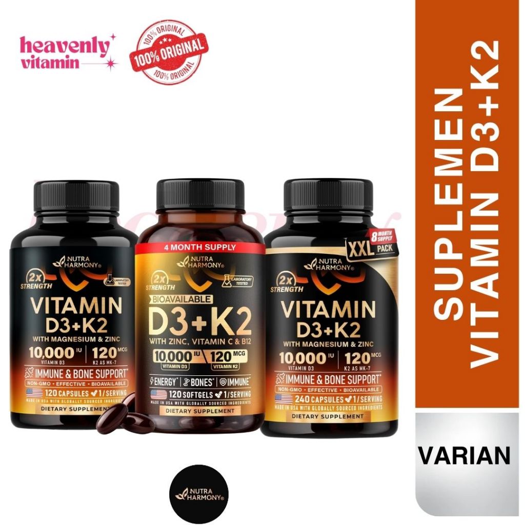 Nutraharmony Vitamin D3+K2 with Magnesium & Zinc - 120 Capsules, Non-GMO