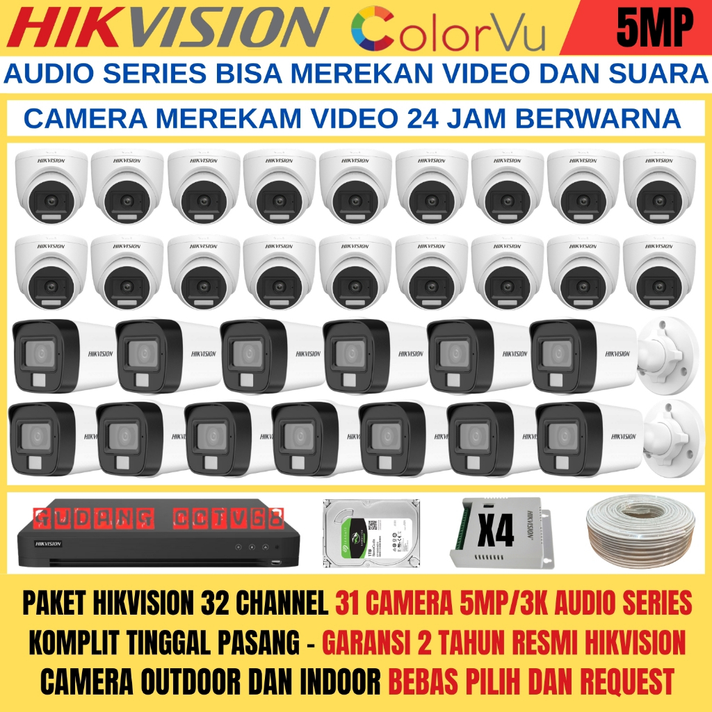 PAKET CCTV HIKVISION DVR 32 CHANNEL 31 KAMERA HIKVISION 5MP FULL COLOUR 3K COLORVU AUDIO SERIES