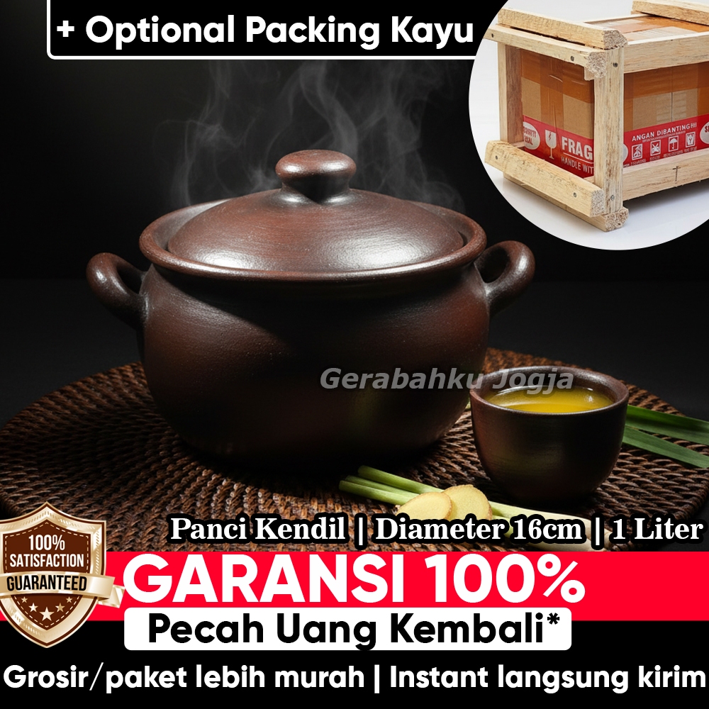 Diameter 16cm - 1 Liter | Kendil Gerabah Gudeg Panci Masak Rebus Godok Jamu Tanah Liat | Gerabahku J