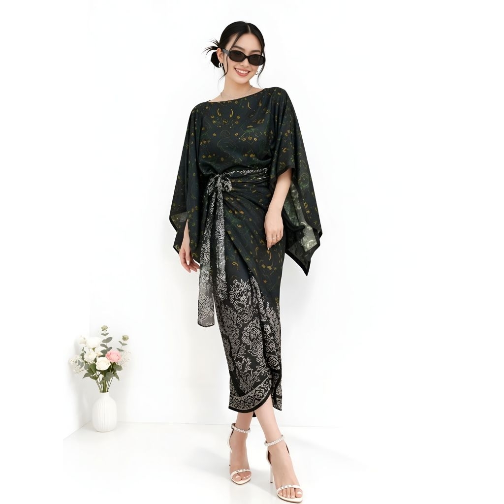 Setelan Rok Wanita Motif Batik Etnik | Atasan Kimono Loose + Rok Lilit | Outfit Pesta Elegan Kekinia