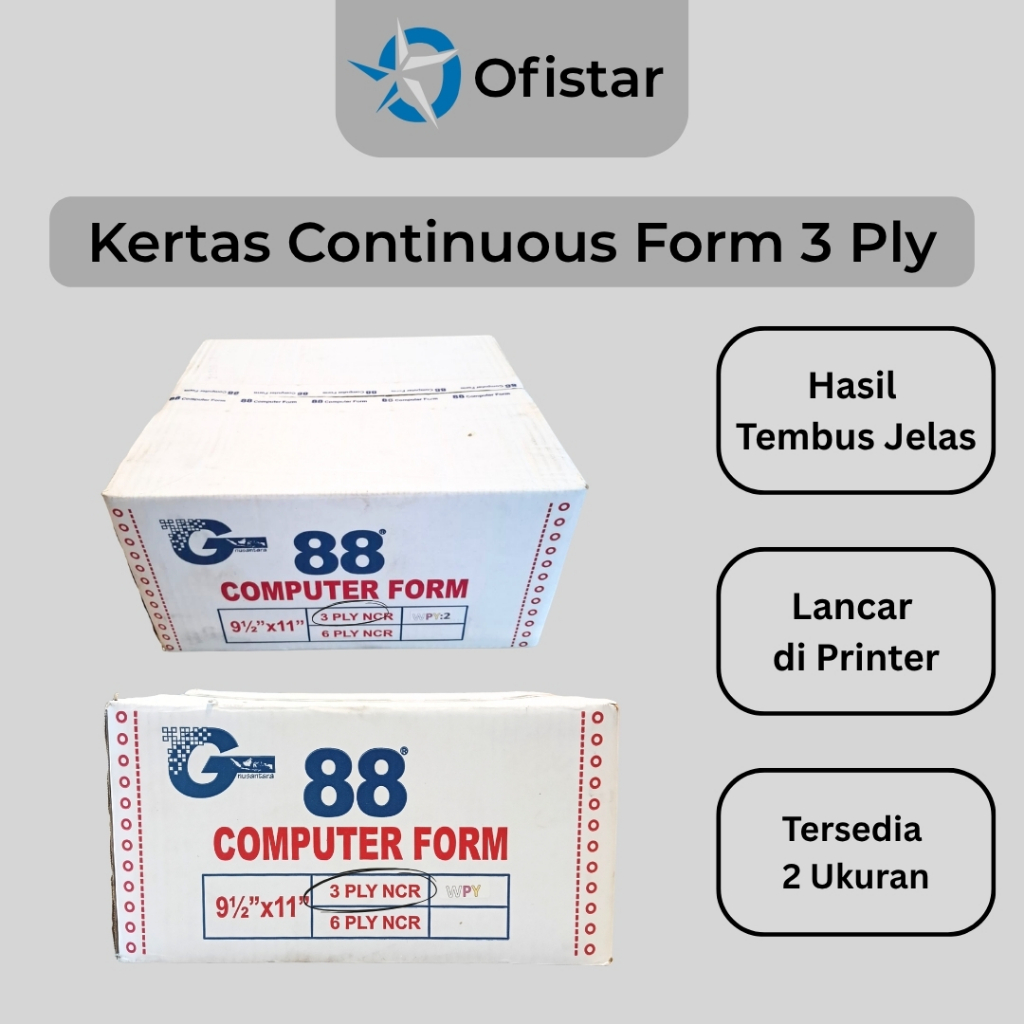 Ofistar - Kertas Continuous Form Paper 88 NCR 3 Ply 9.5" x 11" PRS (Bagi 2) & 3 Ply 9.5" x 11" (1 Le