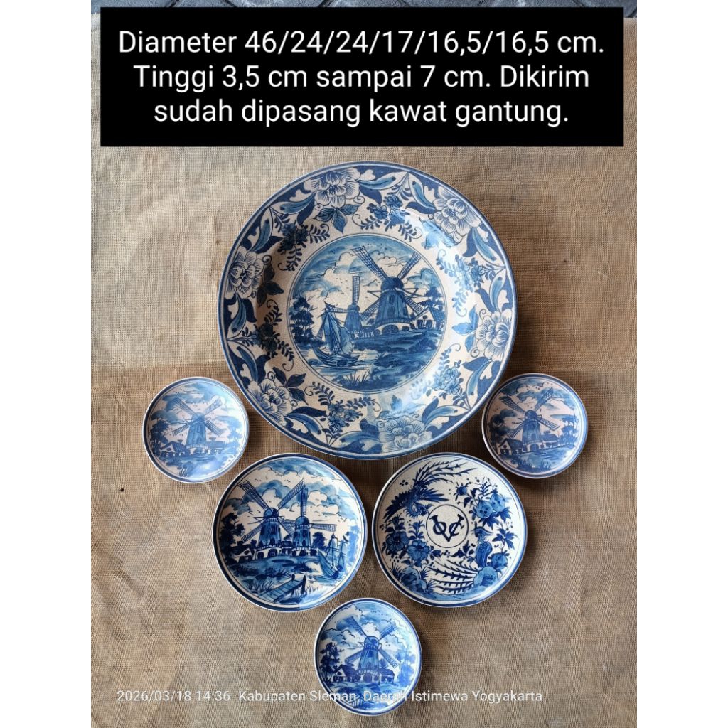 Diameter 46 cm 24 cm 17 cm 16 cm an 6 buah piring gantung keramik lukis biru putih kincir angin bela