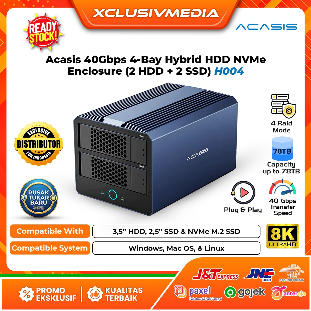 Acasis 40Gbps 4-Bay Hybrid HDD NVMe Enclosure (2 HDD + 2 SSD) H004