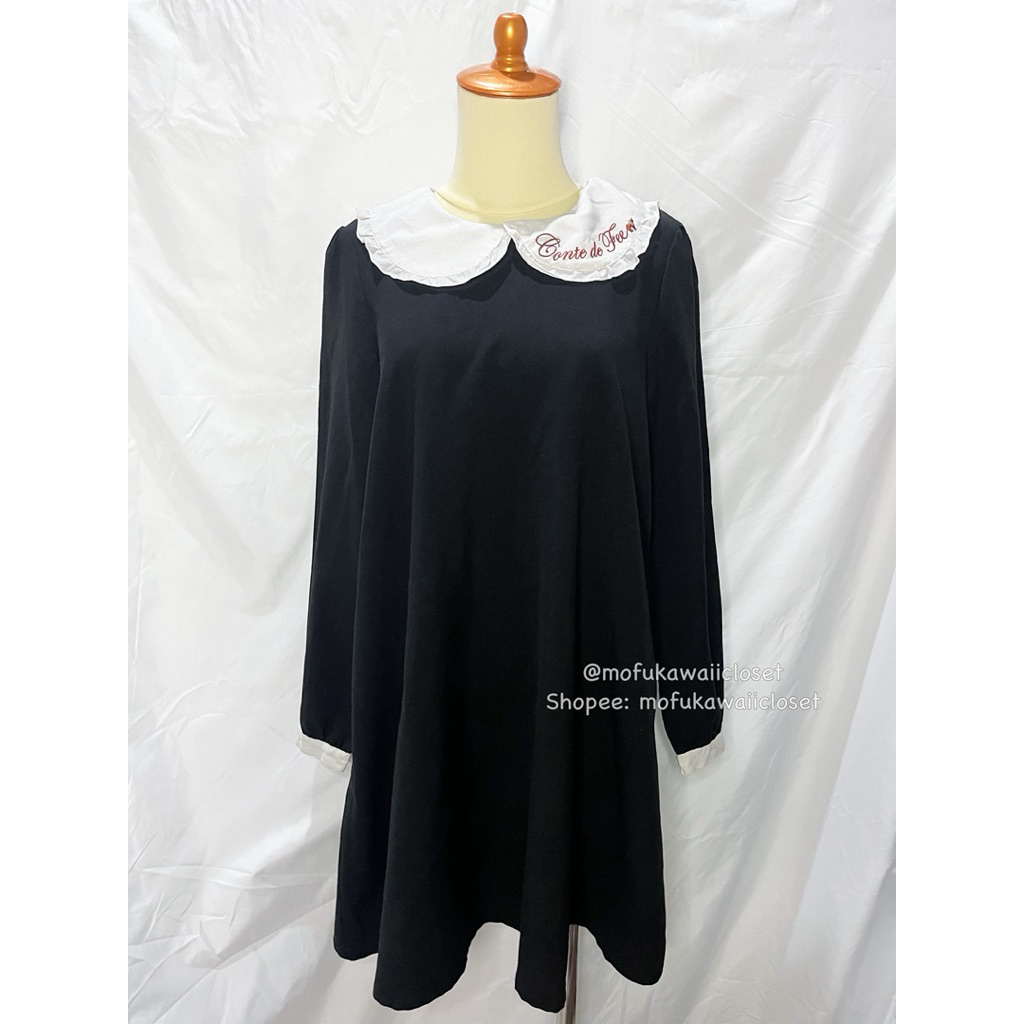 Amavel Black Dress Emboridery Cats on White Collar