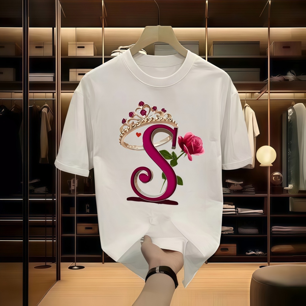 (COD)   Mewah Ringan Princess Kaos Pria Cetak Huruf S Mahkota & Mawar Trendy