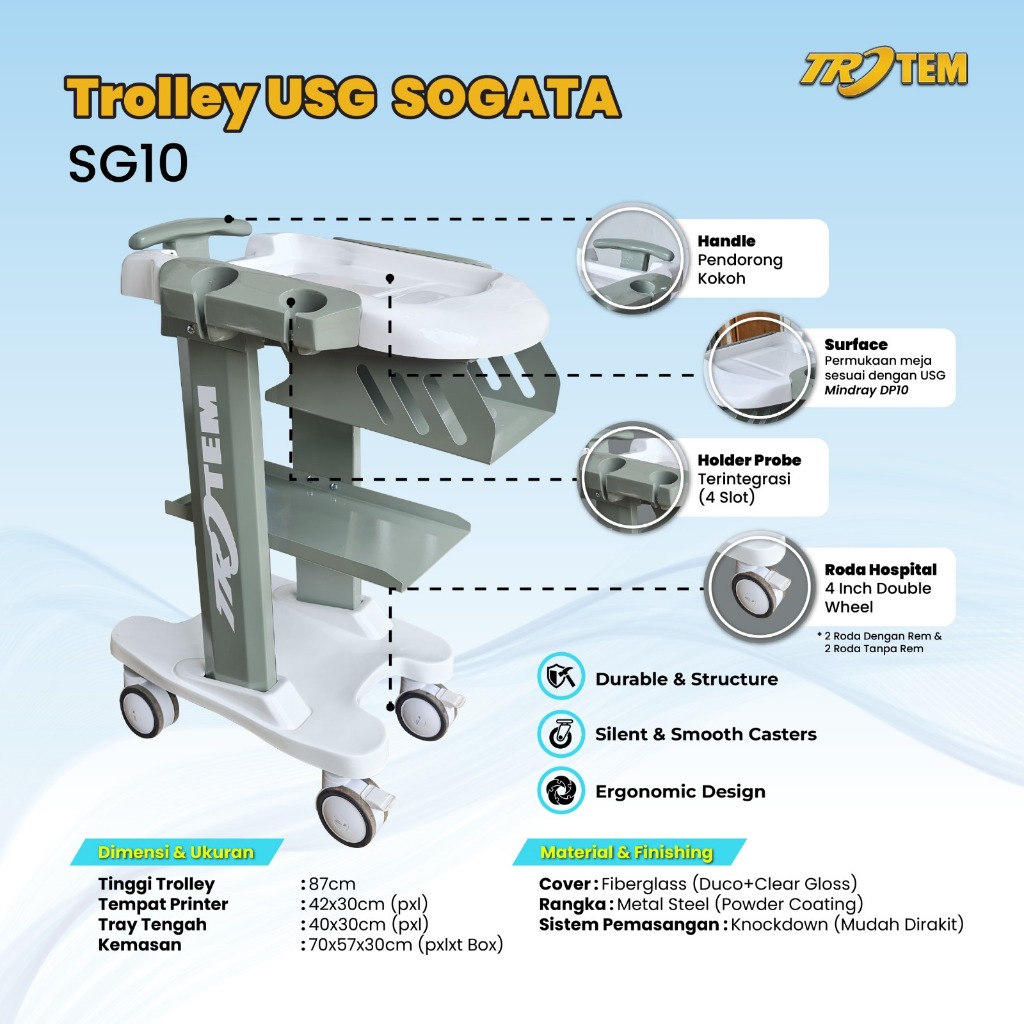 Trolley USG Sogata type SG10 Color Doppler - Bahan Metal Steel dengan Finishing Powder Coating by TR