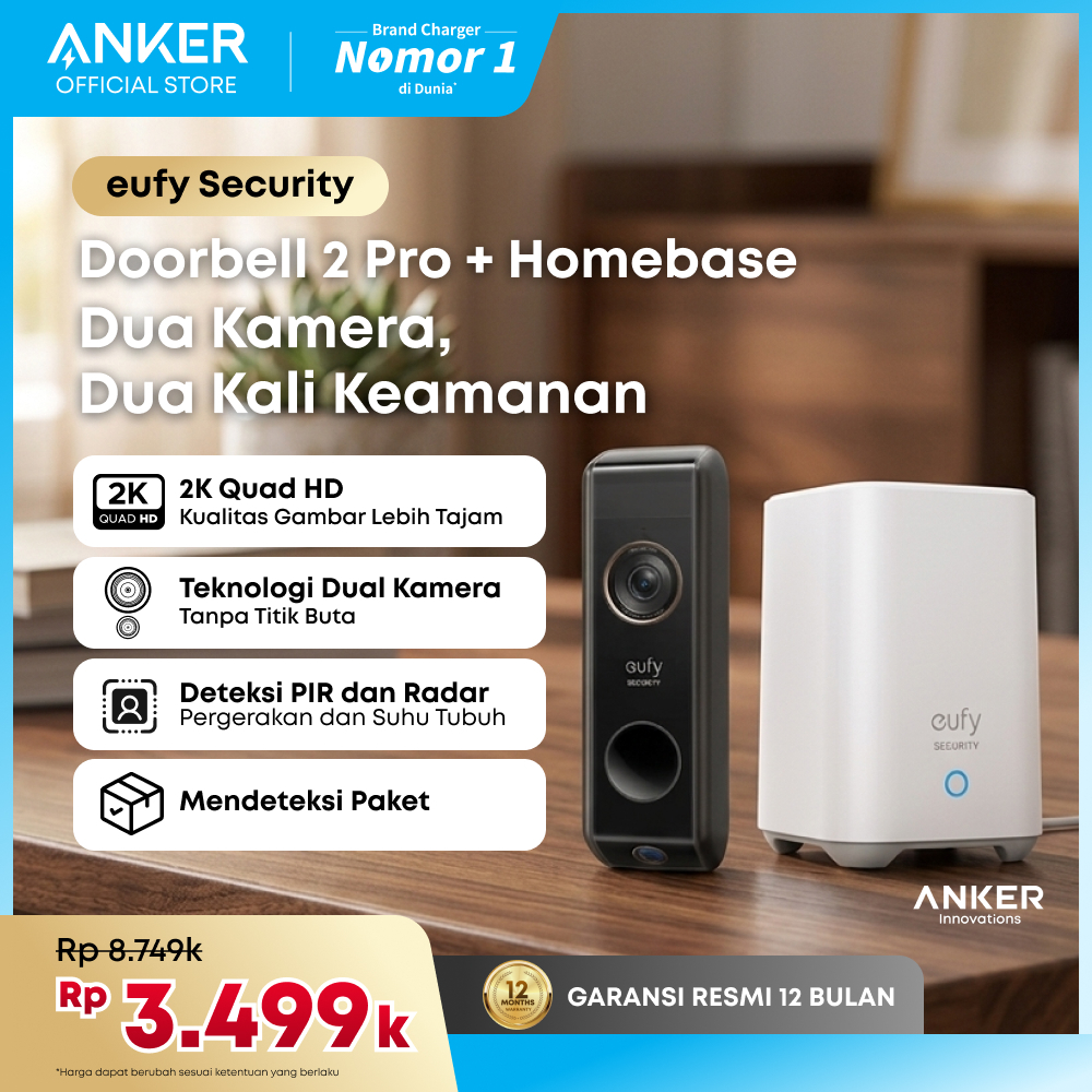 Eufy Security Video Doorbell Dual Camera, 2K HD, Wireless, Battery-Powered, HomeBase, Dual Motion De